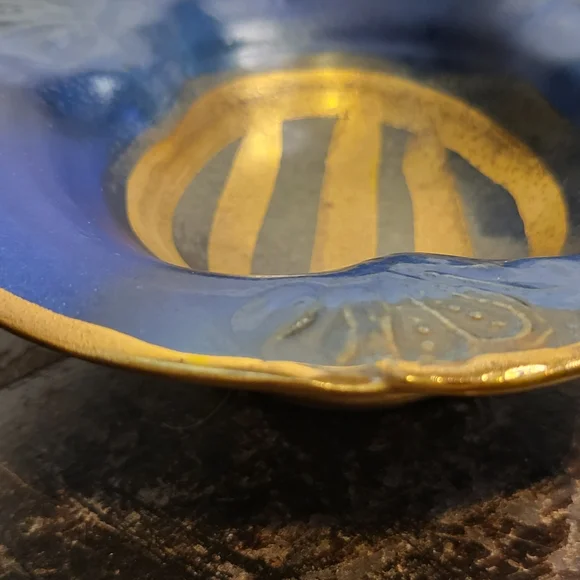 Vintage Studio Pottery Matte Blue and Gold Signed Trinket Dish - Picture 7 of 10